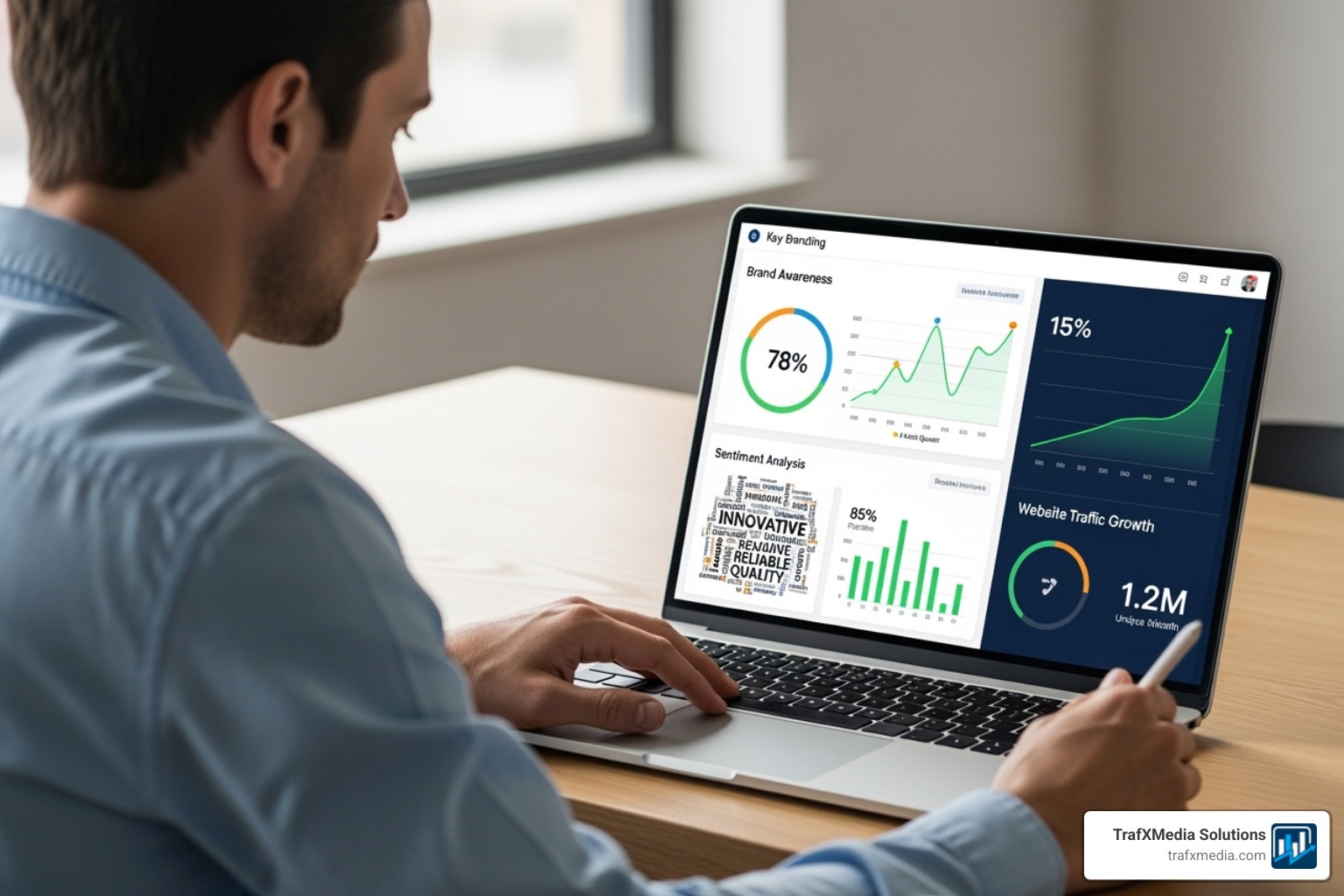 A clean, modern dashboard on a laptop screen showing key branding metrics like brand awareness, sentiment analysis, and website traffic growth, with a Caucasian professional analyzing the data - Digital branding San Francisco