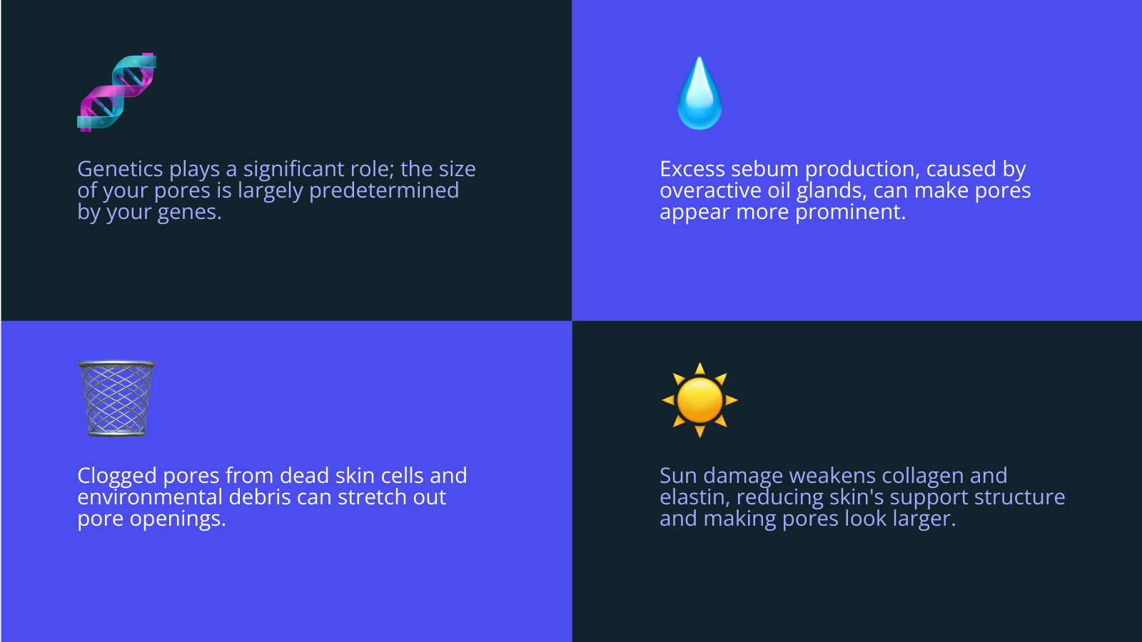 Infographic showing pore structure with labels for hair follicle, sebaceous gland, and factors that cause enlarged appearance including excess oil production, dead skin cell buildup, sun damage, and genetic factors - best ingredient to minimize pores infographic 4_facts_emoji_blue