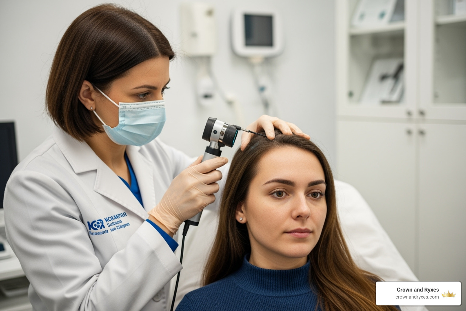 Dermatologist examining a patient's scalp with a dermatoscope - Hair loss hormone imbalance Dermatologist examining a patient's scalp with a dermatoscope - Hair loss hormone imbalance