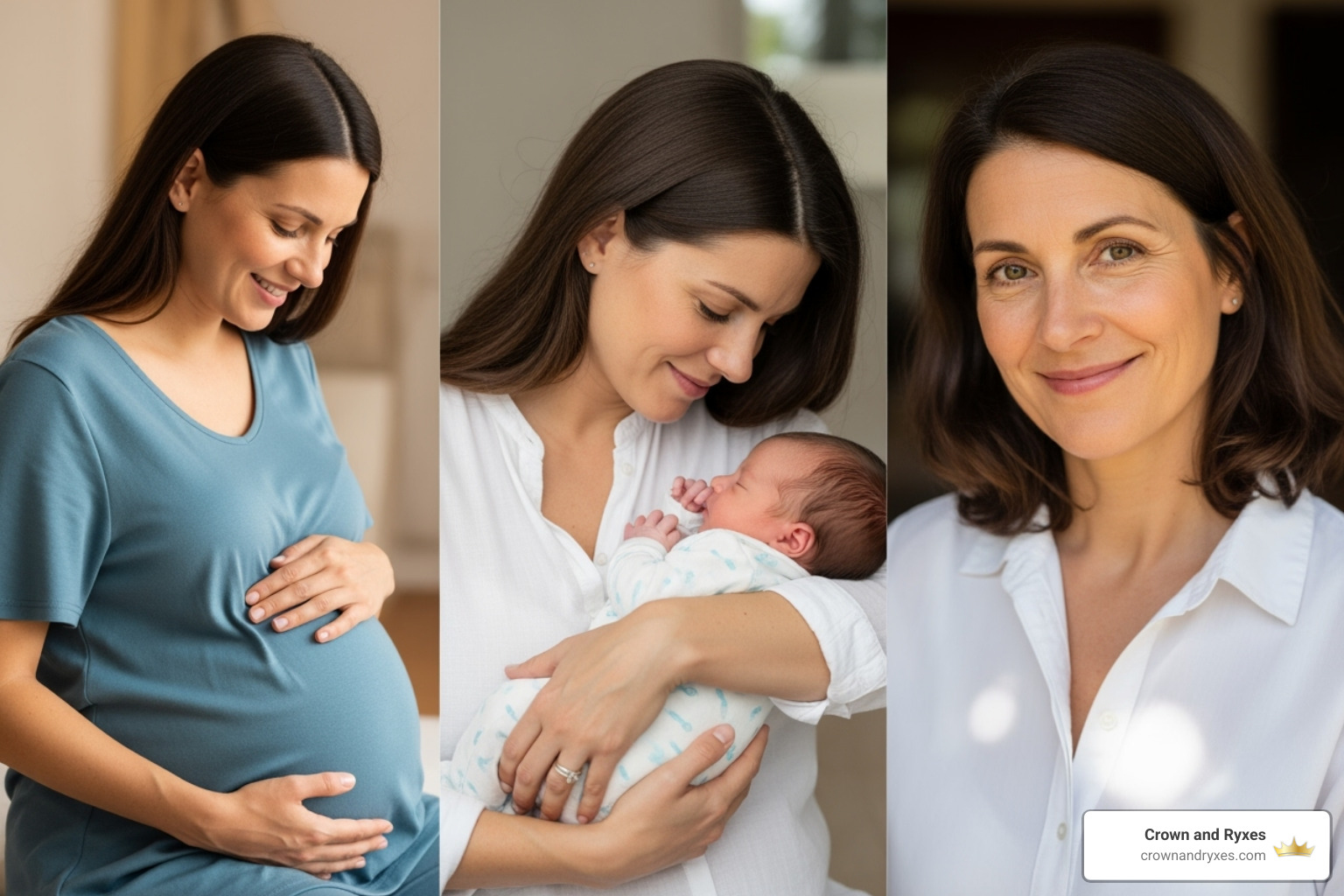 Image illustrating different life stages for a woman (pregnancy, postpartum, menopause) - Hair loss hormone imbalance Image illustrating different life stages for a woman (pregnancy, postpartum, menopause) - Hair loss hormone imbalance