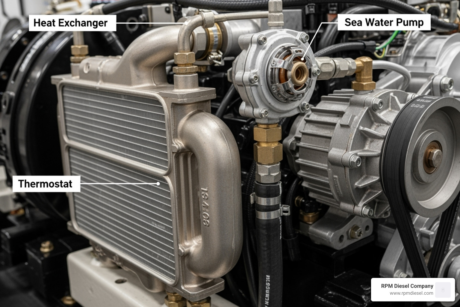 Key components of a marine diesel generator cooling system, including a heat exchanger, sea water pump, and thermostat, clearly labeled. - Diesel generator cooling system