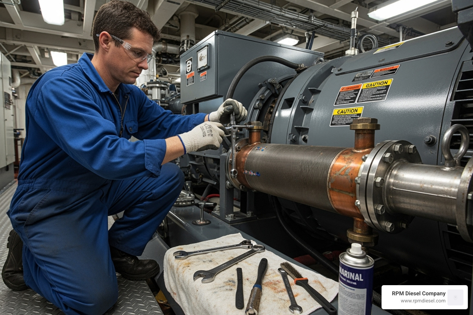 A technician carefully servicing a marine generator's heat exchanger, highlighting the importance of professional care for critical cooling components. - Diesel generator cooling system