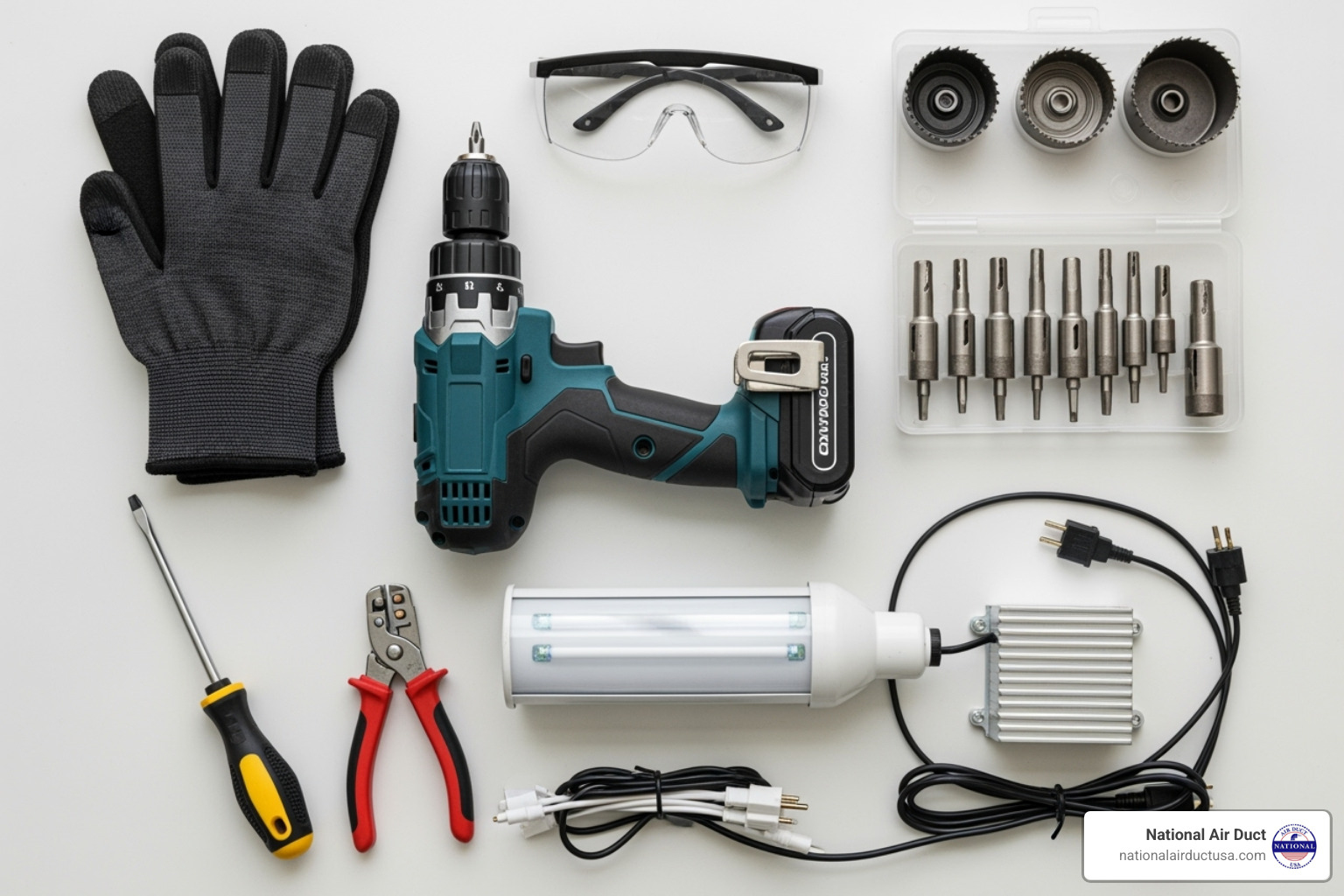 necessary tools laid out: drill, hole saw kit, safety glasses, gloves, screwdriver, wire strippers, UV light kit - how to install germicidal uv light