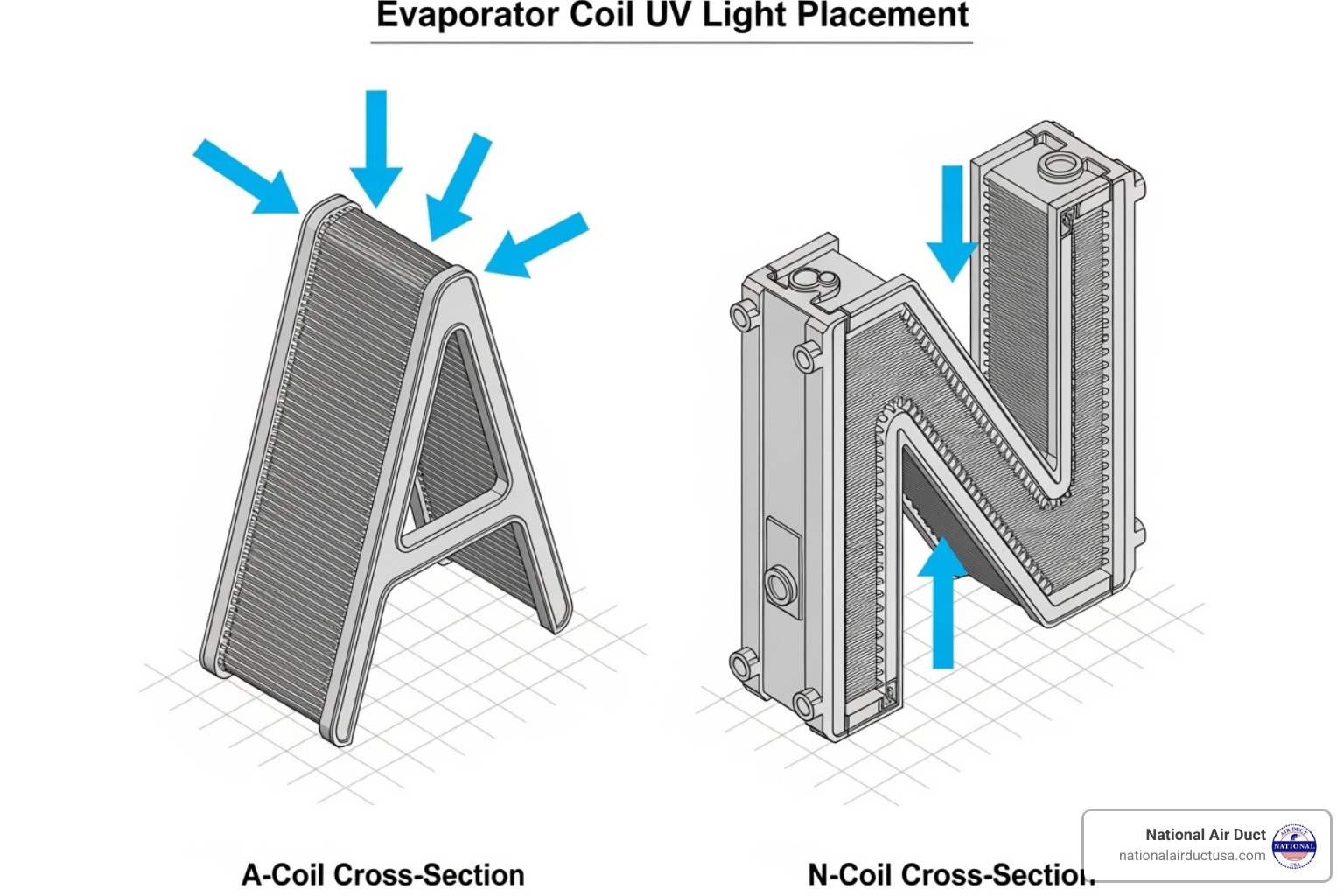 diagram showing ideal UV light placement for A-shaped and N-shaped evaporator coils - how to install germicidal uv light