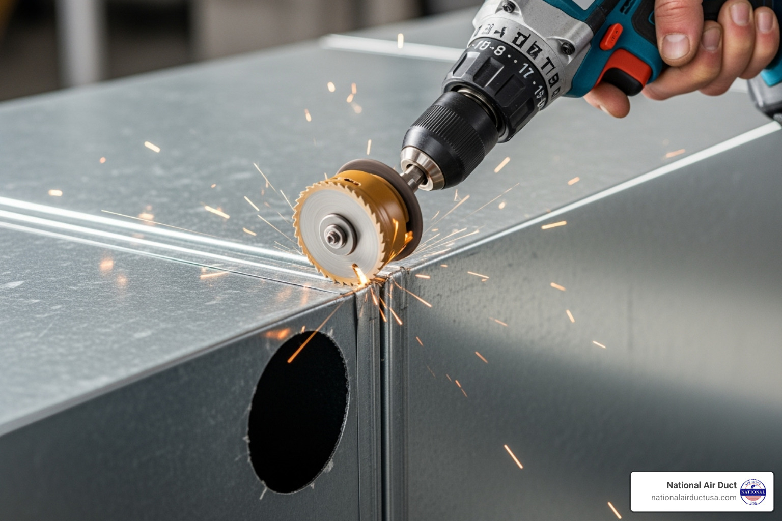 hand drilling a precise hole into HVAC ductwork using a hole saw - how to install germicidal uv light