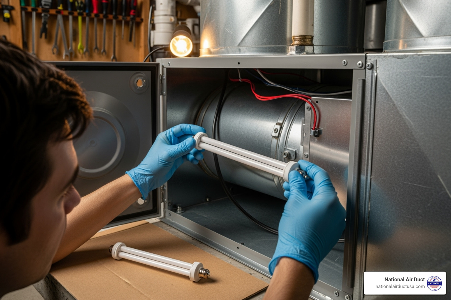 person wearing gloves carefully replacing a UV bulb in an HVAC unit - how to install germicidal uv light