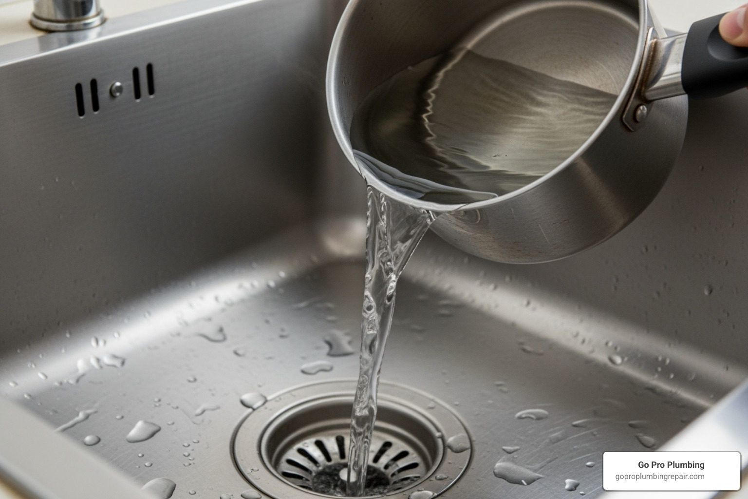 pouring boiling water into a stainless steel sink drain - Clogged kitchen sink solutions