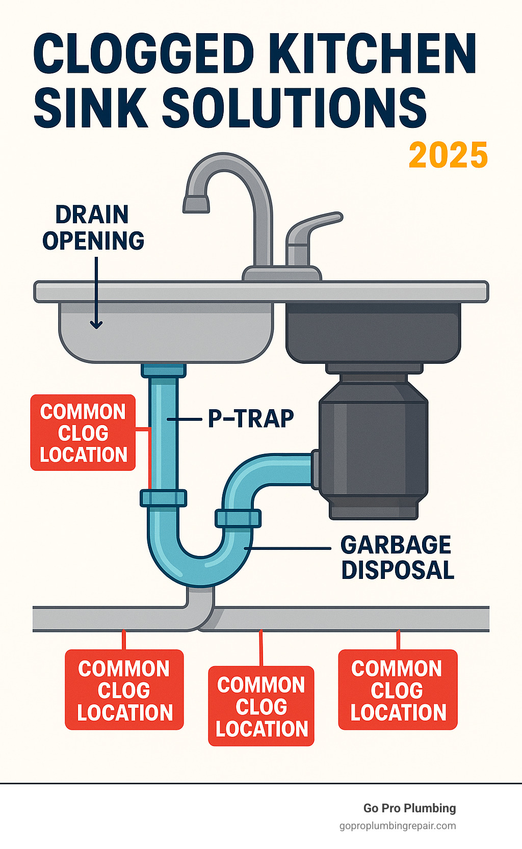 detailed infographic showing kitchen sink drain anatomy including the drain opening, P-trap, garbage disposal connection, and main drain line with labels pointing to common clog locations - Clogged kitchen sink solutions infographic 