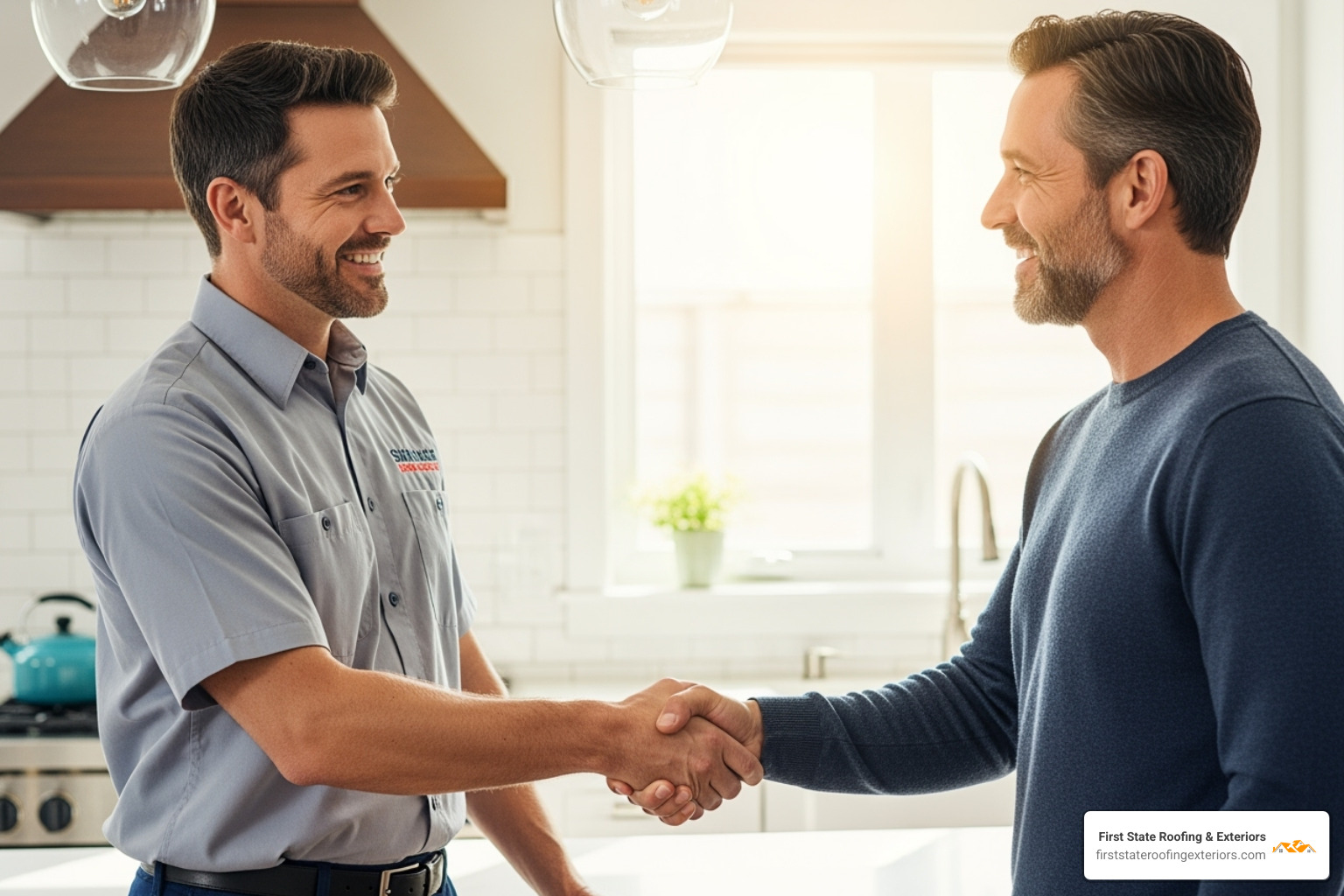 A friendly contractor shaking hands with a satisfied homeowner, symbolizing trust and a successful project - Roof replacement cost