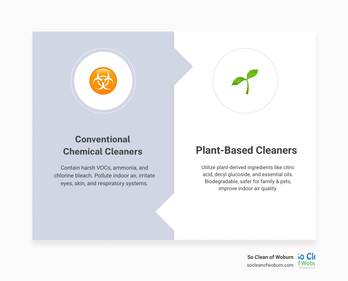 Infographic comparing conventional and plant-based bathroom cleaners.