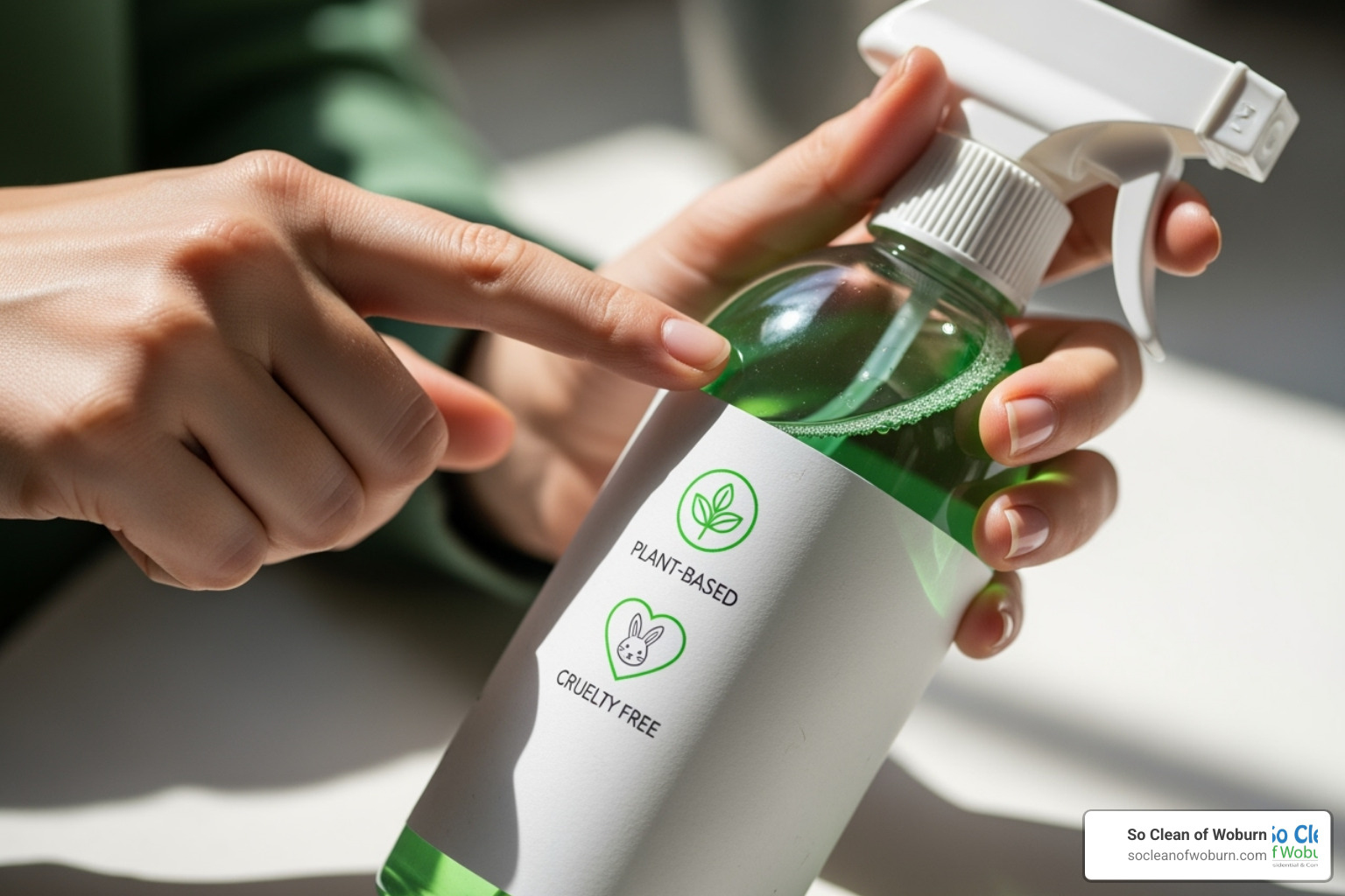 A person reading the label on a bottle of plant-based cleaner.