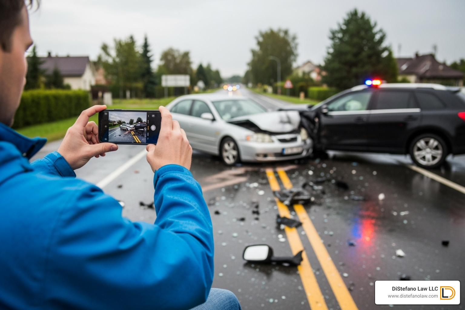 of a person taking photos of a car accident scene with their phone - lauderhill injury lawyer