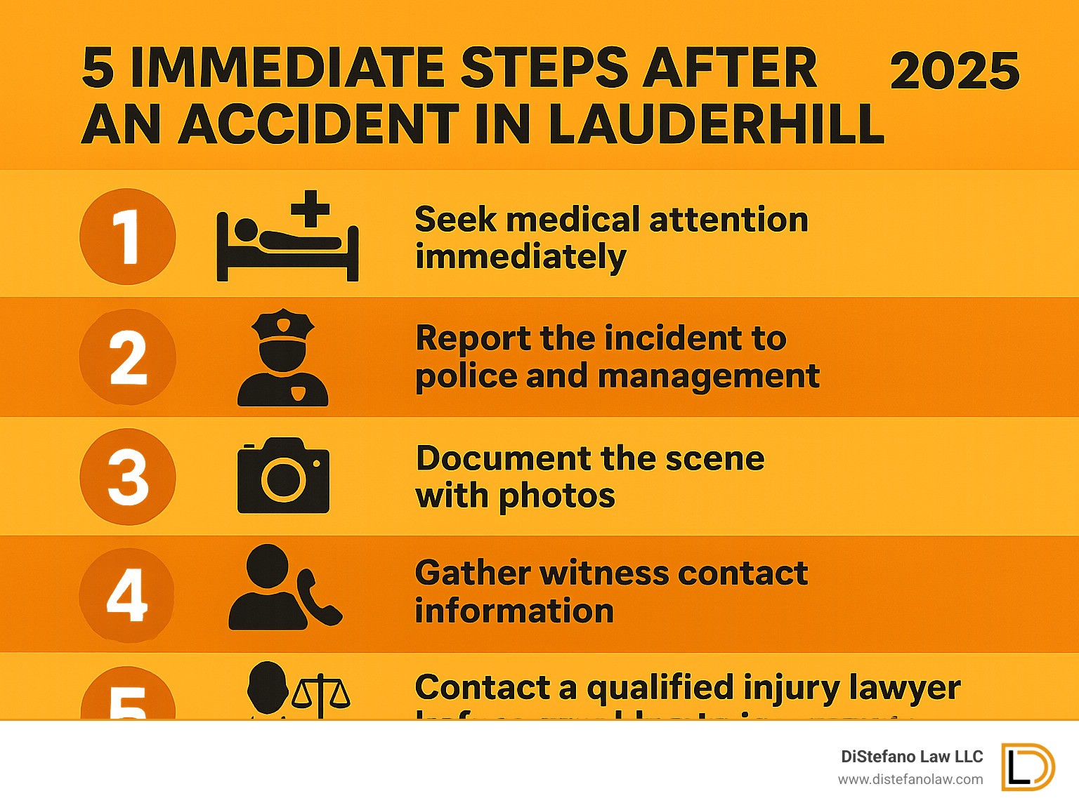 Infographic showing the 5 immediate steps after an accident in Lauderhill: 1. Seek medical attention immediately, 2. Report the incident to police and management, 3. Document the scene with photos, 4. Gather witness contact information, 5. Contact a qualified injury lawyer before speaking to insurance companies - lauderhill injury lawyer infographic 