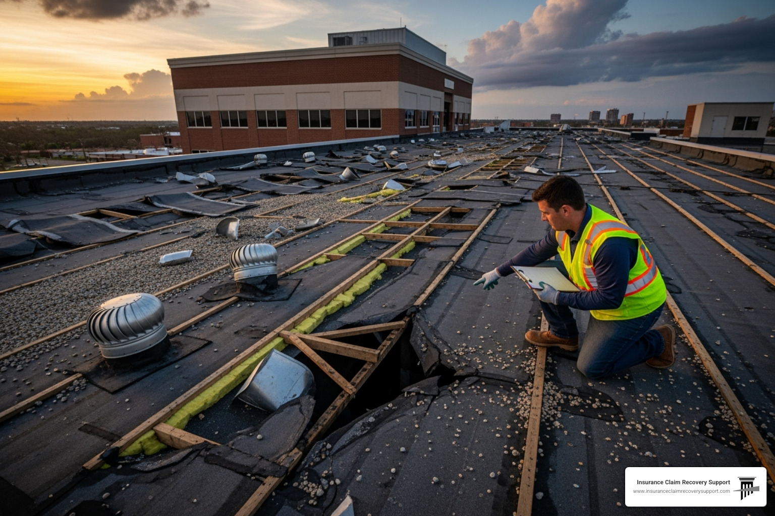 Image of a public adjuster inspecting hurricane damage on a commercial building roof - public adjuster Florida Image of a public adjuster inspecting hurricane damage on a commercial building roof - public adjuster Florida