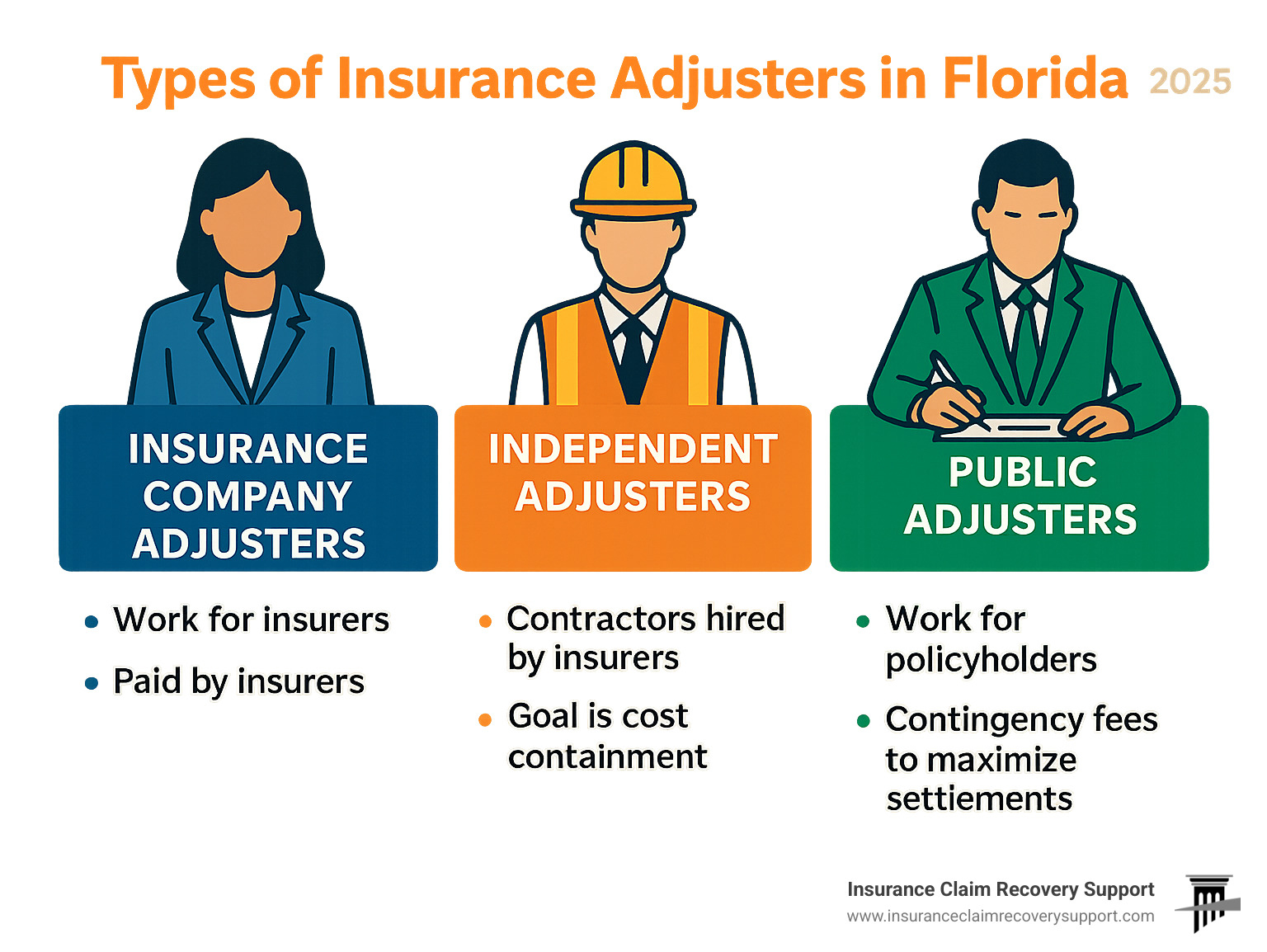 Infographic showing the three types of insurance adjusters in Florida: Insurance Company Adjusters who work for and are paid by insurers to minimize payouts, Independent Adjusters who are contractors hired by insurance companies with the same goal of cost containment, and Public Adjusters who work exclusively for policyholders on contingency fees to maximize settlements - public adjuster Florida infographic  Infographic showing the three types of insurance adjusters in Florida: Insurance Company Adjusters who work for and are paid by insurers to minimize payouts, Independent Adjusters who are contractors hired by insurance companies with the same goal of cost containment, and Public Adjusters who work exclusively for policyholders on contingency fees to maximize settlements - public adjuster Florida infographic