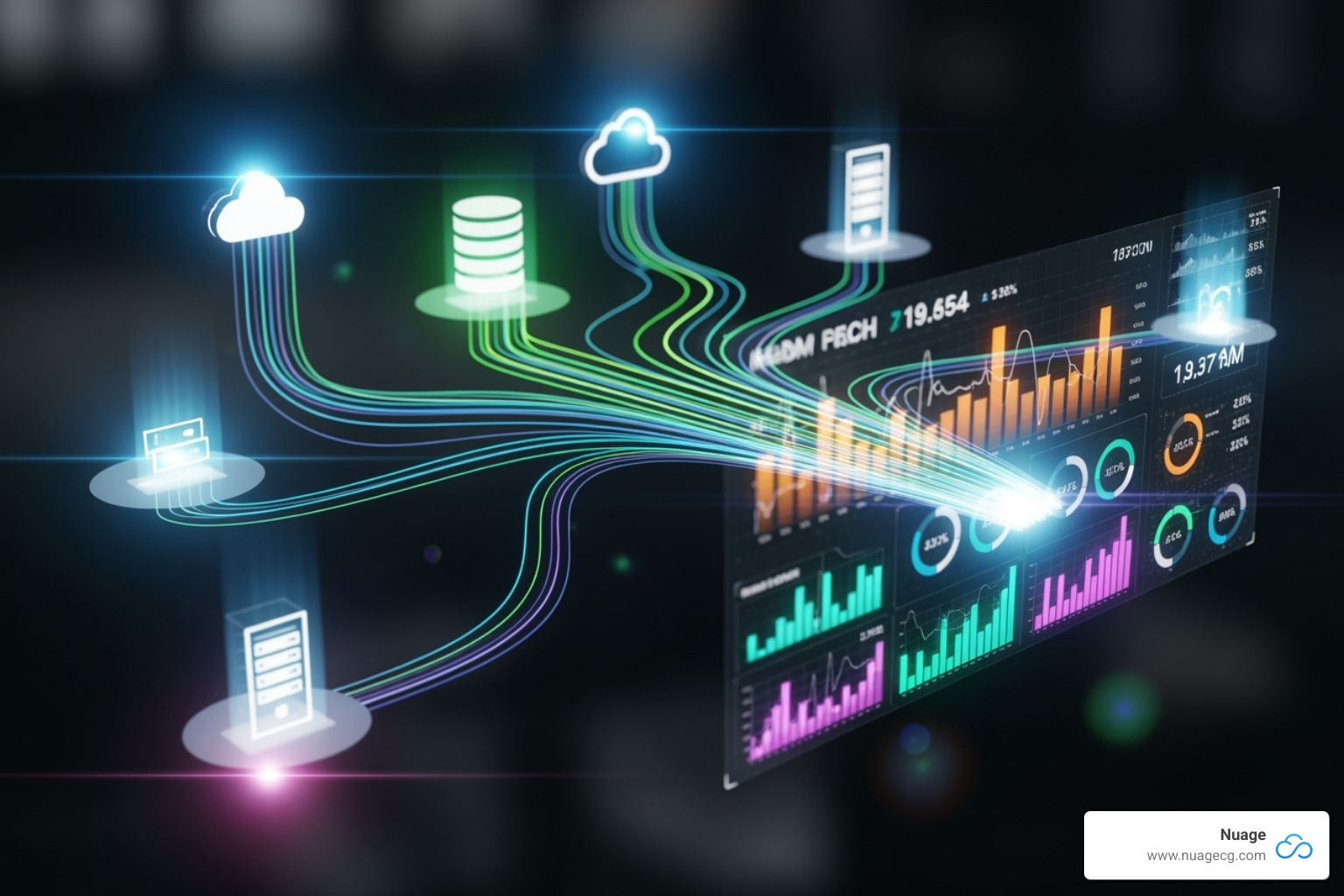 Complex data flow from multiple sources (NetSuite, Salesforce, external databases) into a unified BI dashboard - netsuite reporting tools