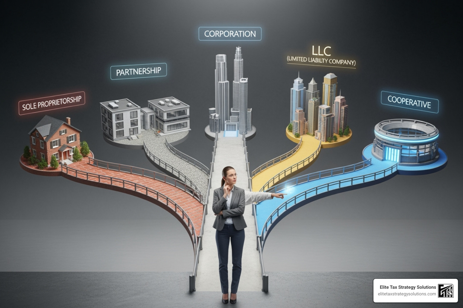 A flowchart illustrating the decision process for choosing a business structure, starting with an entrepreneur's goals and leading to different entity types like Sole Proprietorship, LLC, S-Corp, or C-Corp based on liability, tax implications, and administrative complexity. - small business tax consultant A flowchart illustrating the decision process for choosing a business structure, starting with an entrepreneur's goals and leading to different entity types like Sole Proprietorship, LLC, S-Corp, or C-Corp based on liability, tax implications, and administrative complexity. - small business tax consultant