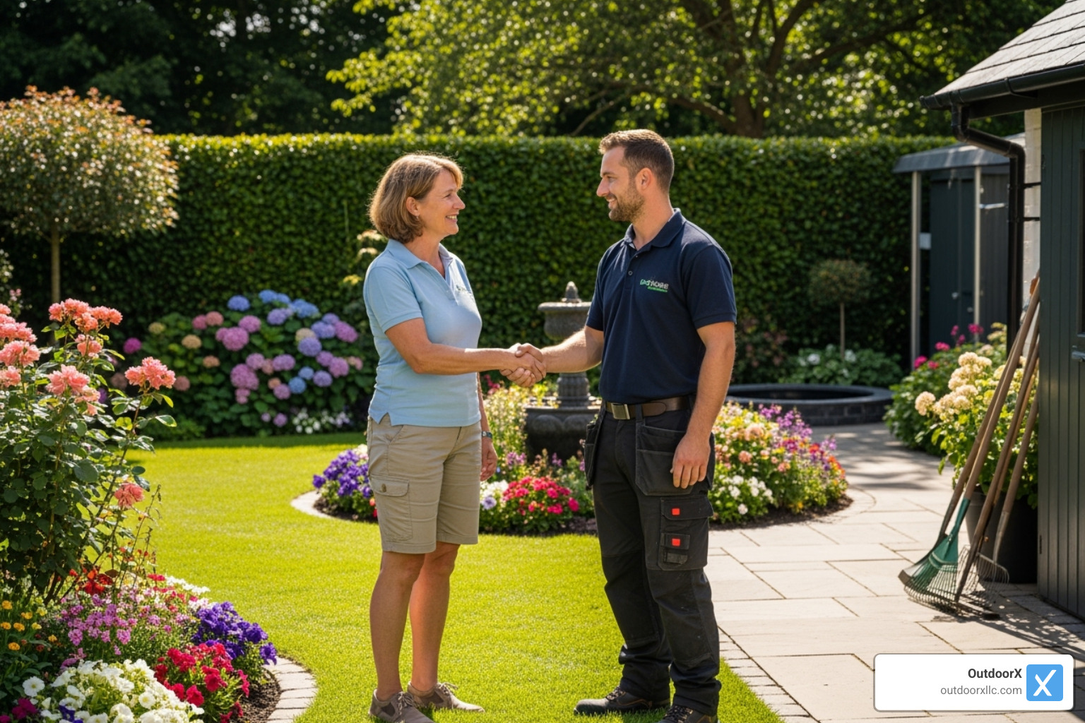 homeowner shaking hands with professional landscaper - retaining wall landscaping near me homeowner shaking hands with professional landscaper - retaining wall landscaping near me