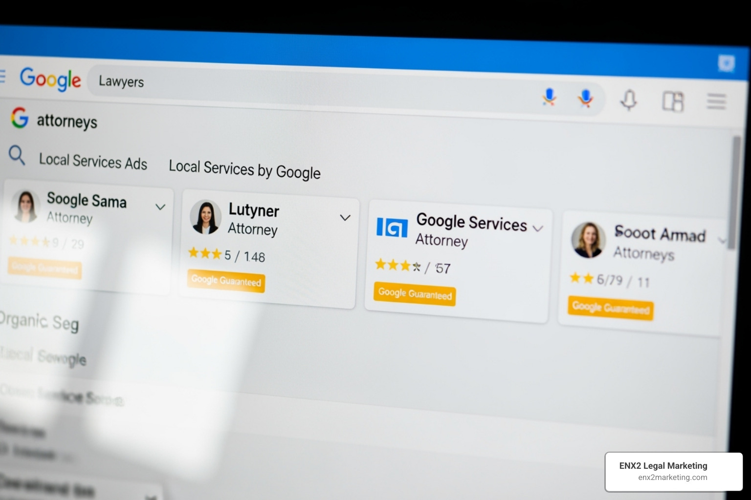 a Google search results page showing Local Services Ads for attorneys - website marketing for law firms in los angeles a Google search results page showing Local Services Ads for attorneys - website marketing for law firms in los angeles