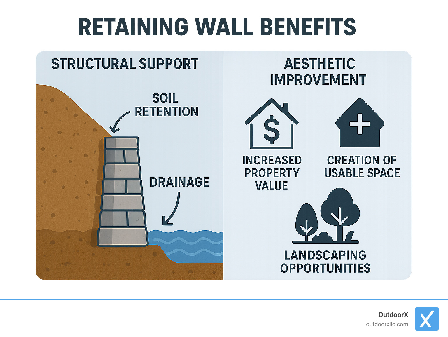 Infographic showing retaining wall benefits: structural support on left side with arrows showing soil retention and drainage, aesthetic improvement on right side with icons for increased property value, usable space creation, and landscaping opportunities - retaining wall landscaping near me infographic Infographic showing retaining wall benefits: structural support on left side with arrows showing soil retention and drainage, aesthetic improvement on right side with icons for increased property value, usable space creation, and landscaping opportunities - retaining wall landscaping near me infographic