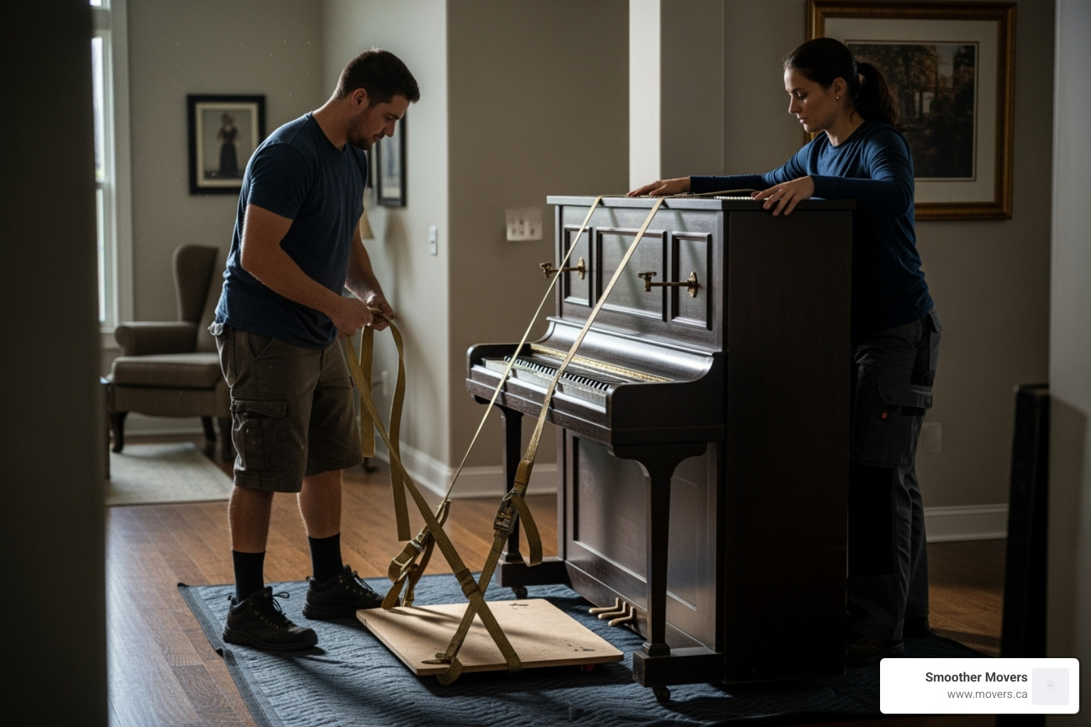 Movers using a piano board and straps to secure an upright piano - piano movers kelowna Movers using a piano board and straps to secure an upright piano - piano movers kelowna