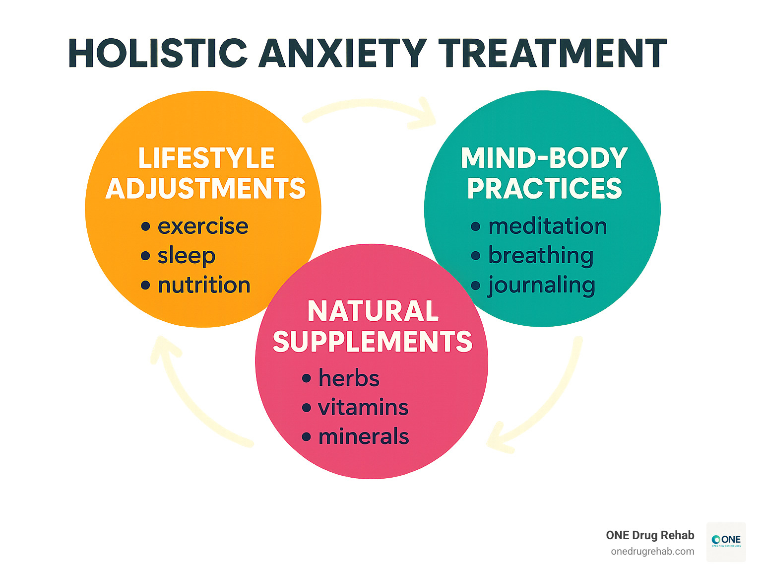 Comprehensive infographic showing three interconnected circles labeled "Lifestyle Adjustments" (exercise, sleep, nutrition), "Mind-Body Practices" (meditation, breathing, journaling), and "Natural Supplements" (herbs, vitamins, minerals) with arrows connecting them to represent the integrated approach of holistic anxiety treatment - holistic anxiety treatment infographic 