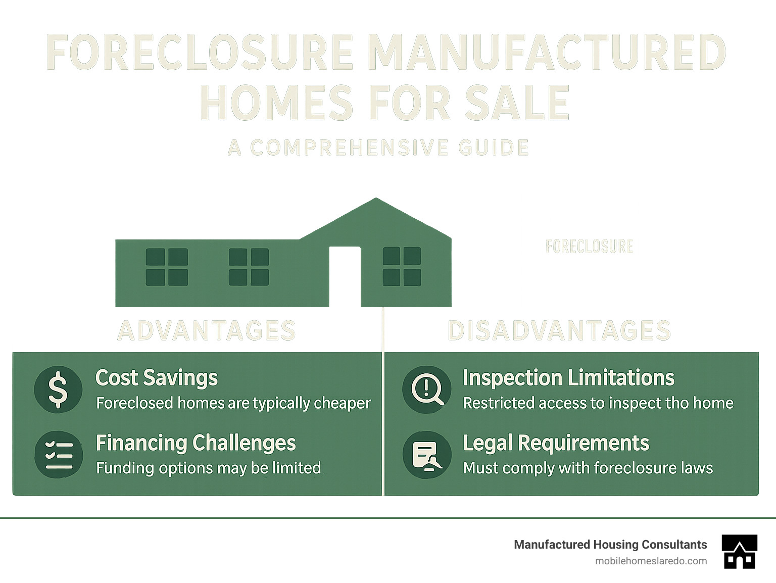 Comprehensive guide showing the advantages and disadvantages of buying foreclosure manufactured homes, including cost savings, financing challenges, inspection limitations, and legal requirements - foreclosure manufactured homes for sale infographic  Comprehensive guide showing the advantages and disadvantages of buying foreclosure manufactured homes, including cost savings, financing challenges, inspection limitations, and legal requirements - foreclosure manufactured homes for sale infographic
