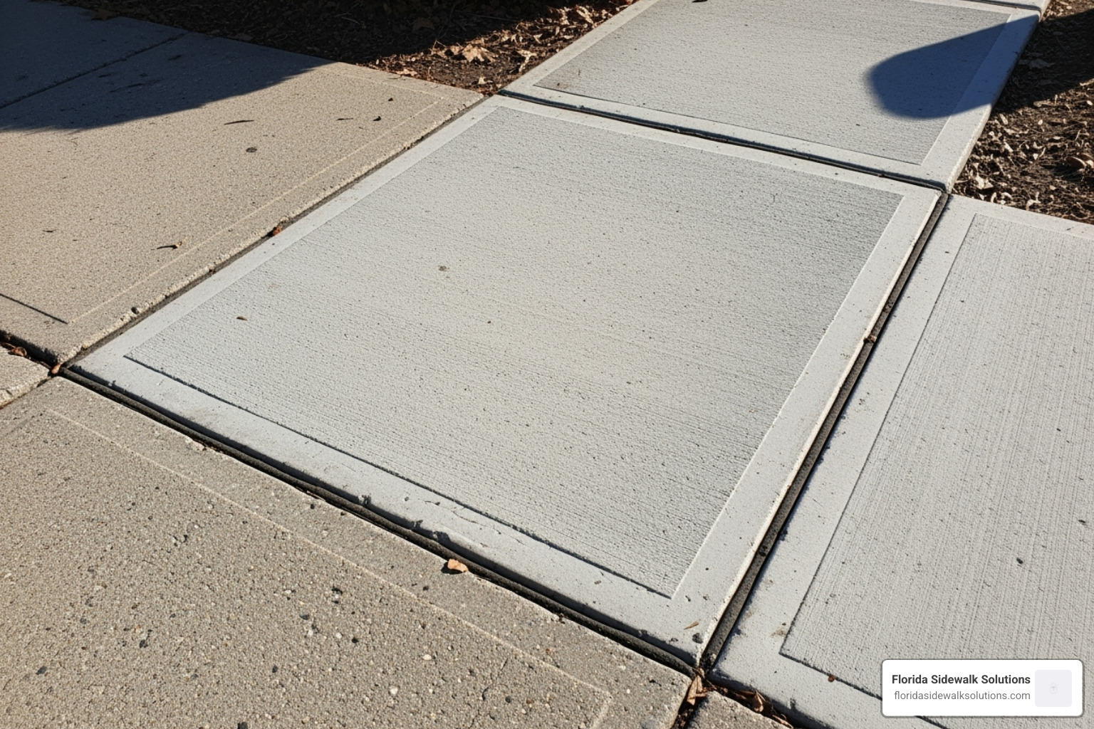 A finished, precisely cut sidewalk repair looking clean and level - cement walkway concrete repair