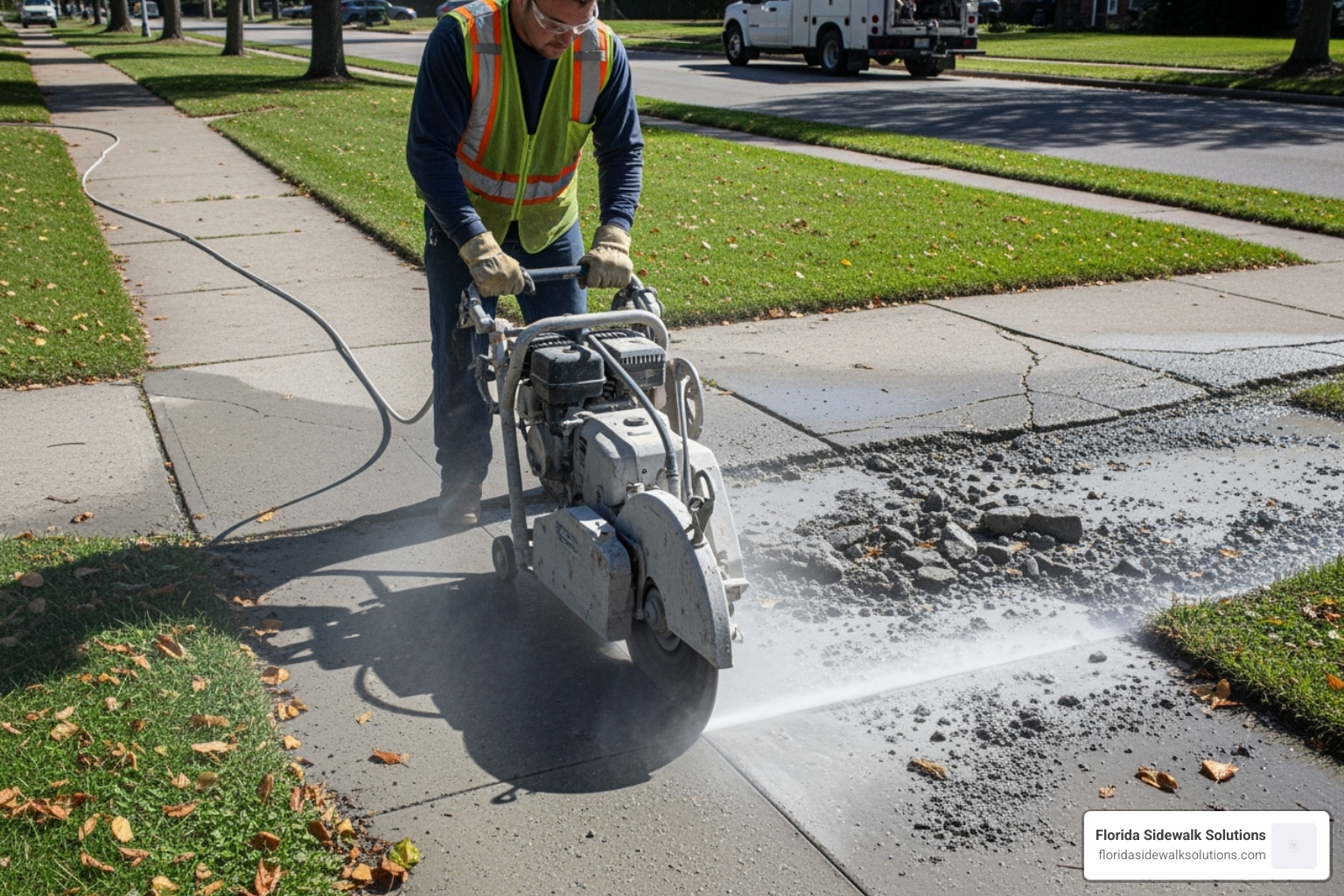 A uniformed professional operating a specialized walk-behind concrete saw - cement walkway concrete repair