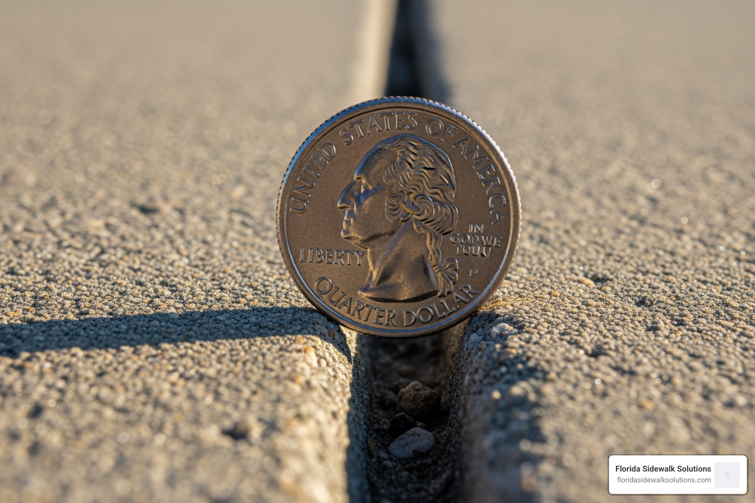 A quarter standing on its edge next to a raised sidewalk joint to illustrate the ADA trip hazard threshold - cement walkway concrete repair