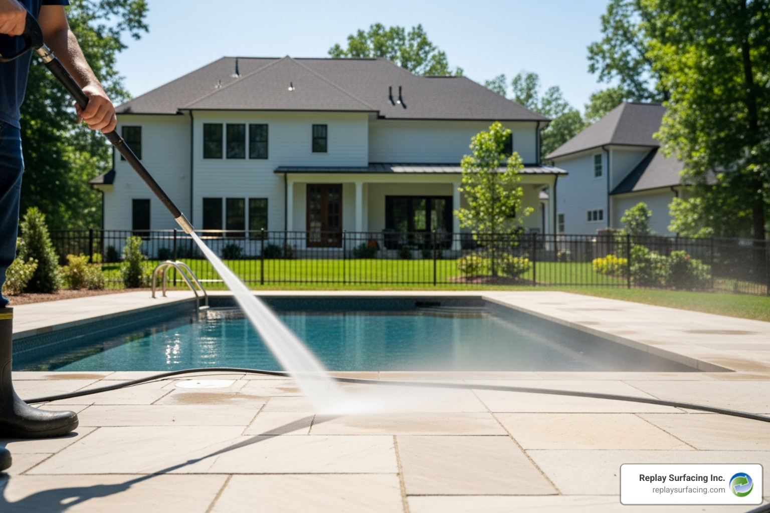 Person easily pressure washing their rubber stone pool deck in Charlotte, NC - rubber stone pool deck