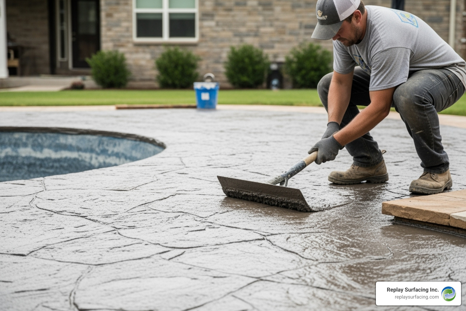 Professional troweling a poured-in-place rubber pool deck in Columbia, SC - rubber stone pool deck