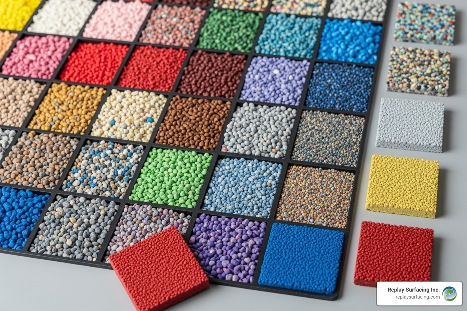 Color palette showing various rubber granule blends and sample swatches - rubber stone pool deck