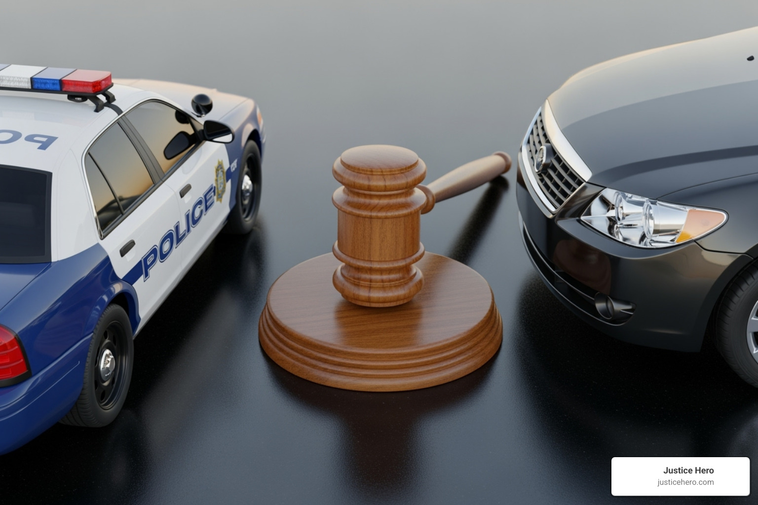 A gavel separating a police car and a civilian car, symbolizing the distinction between criminal and civil legal proceedings - drunk driving accident lawsuit A gavel separating a police car and a civilian car, symbolizing the distinction between criminal and civil legal proceedings - drunk driving accident lawsuit