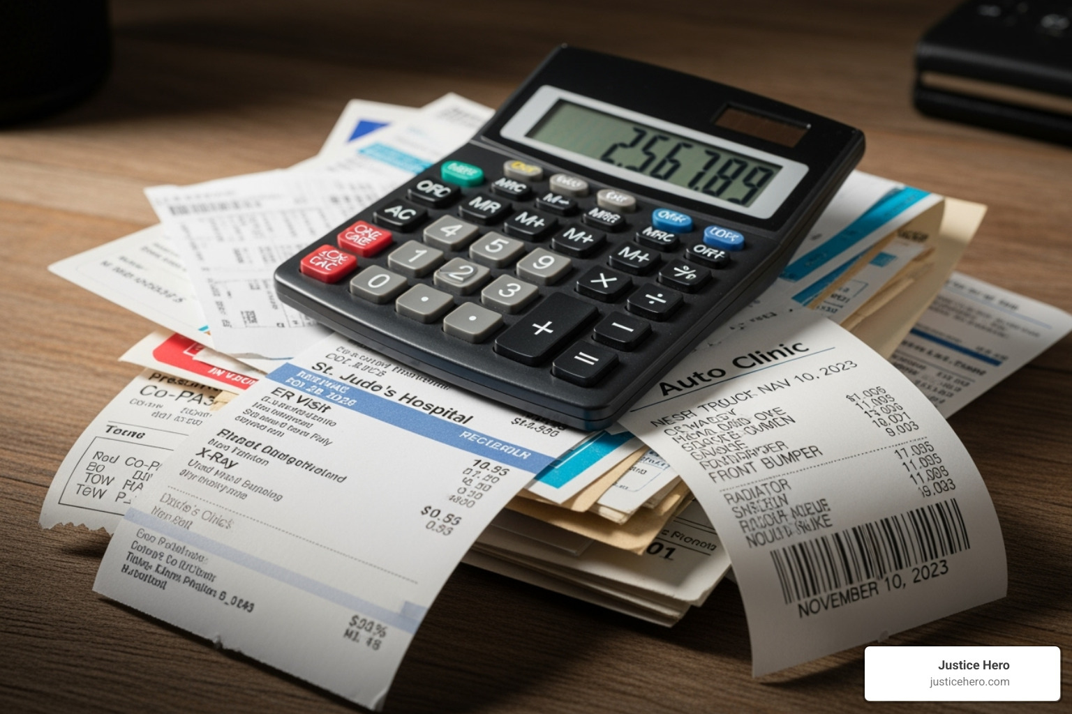 A calculator resting on a stack of medical bills and vehicle repair receipts, symbolizing the quantification of damages in a lawsuit - drunk driving accident lawsuit A calculator resting on a stack of medical bills and vehicle repair receipts, symbolizing the quantification of damages in a lawsuit - drunk driving accident lawsuit