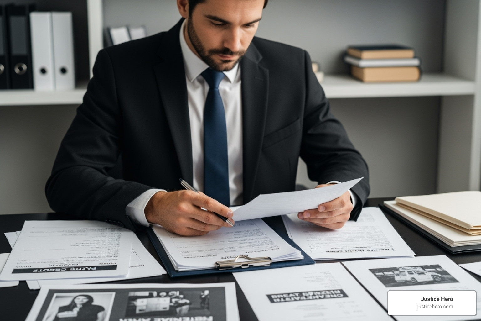 A lawyer reviewing evidence like police reports, breathalyzer results, and accident photos on a desk - drunk driving accident lawsuit A lawyer reviewing evidence like police reports, breathalyzer results, and accident photos on a desk - drunk driving accident lawsuit