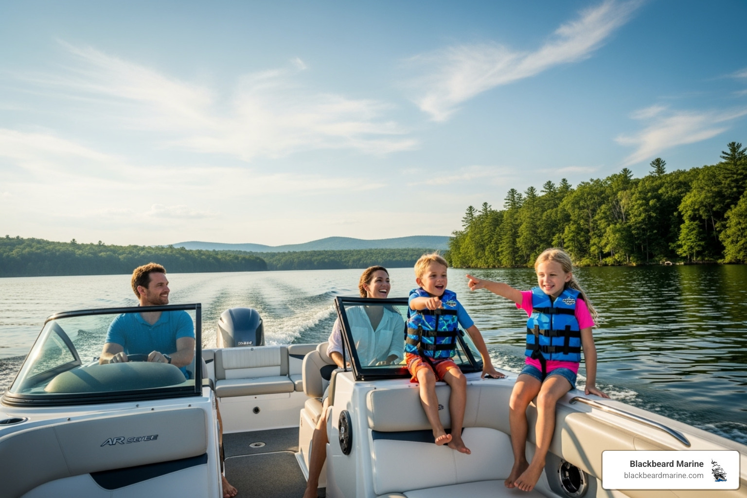 Family enjoying a sport series boat on the water - boats lake of the ozarks