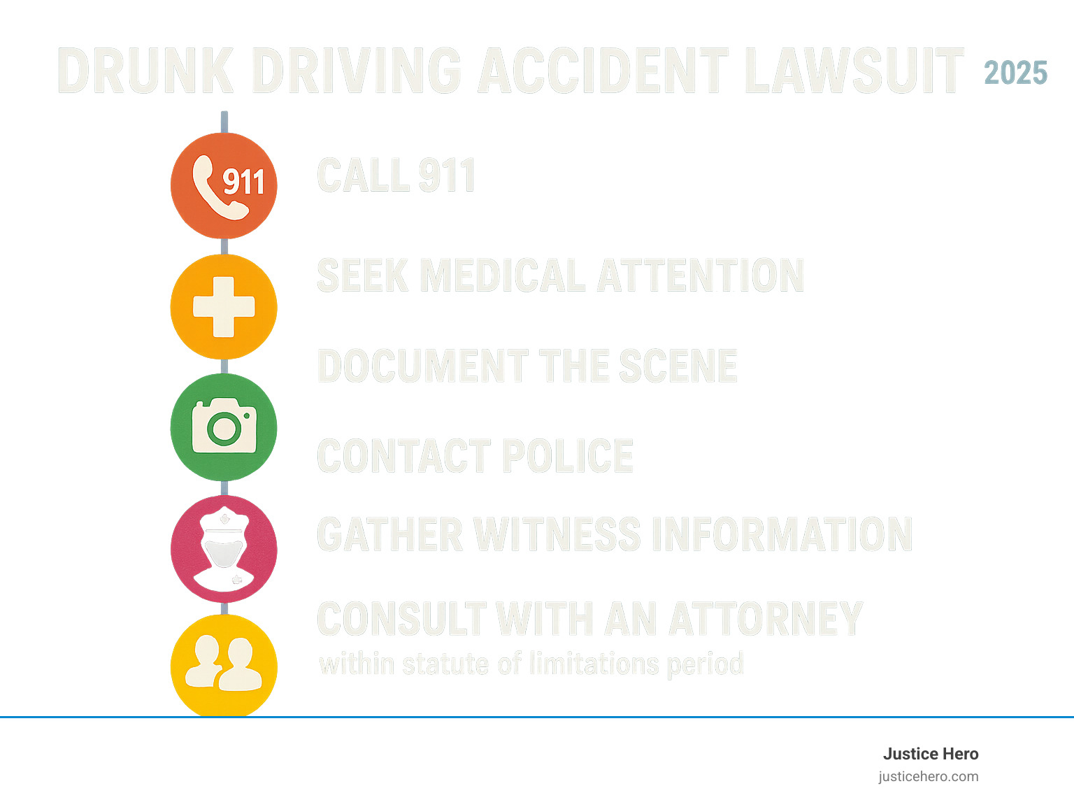 Infographic showing the immediate steps after a drunk driving accident: call 911, seek medical attention, document the scene, contact police, gather witness information, and consult with an attorney within the statute of limitations period - drunk driving accident lawsuit infographic Infographic showing the immediate steps after a drunk driving accident: call 911, seek medical attention, document the scene, contact police, gather witness information, and consult with an attorney within the statute of limitations period - drunk driving accident lawsuit infographic