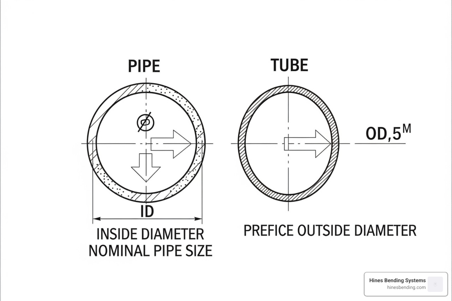diagram showing the difference between pipe and tube measurements (ID vs OD) - how to bend pipe using a pipe bending machine