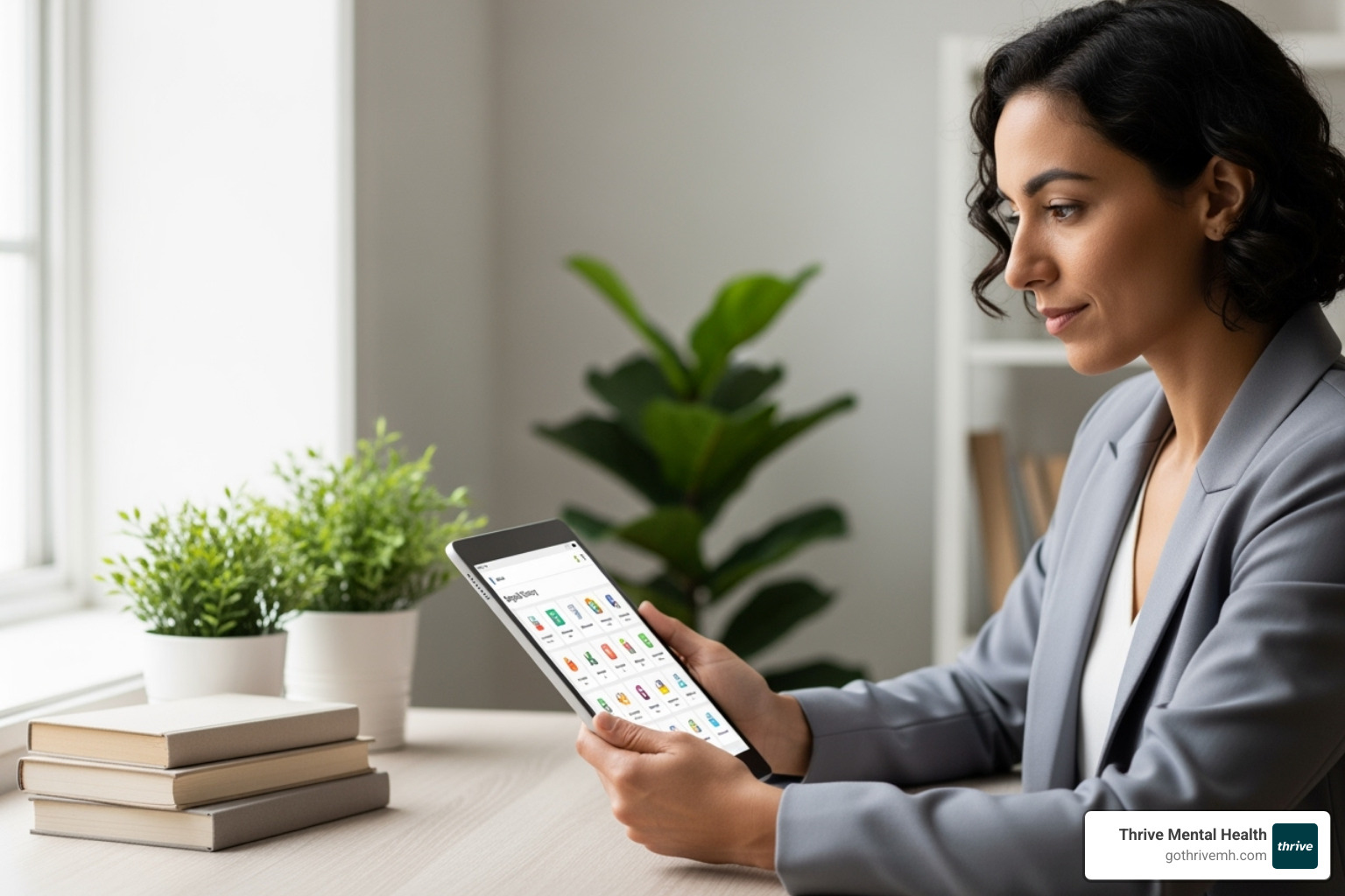 a person thoughtfully browsing a directory of therapists on a tablet - virtual mental health counseling