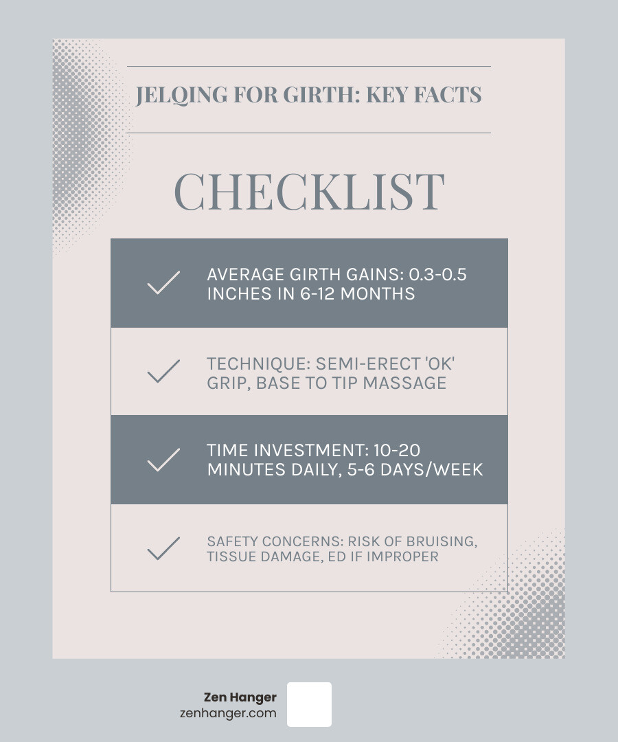 Infographic showing jelqing technique with proper grip position, blood flow direction, recommended duration and frequency, safety warnings, and realistic timeline for potential girth results - Jelqing for girth results infographic checklist-light-blue-grey