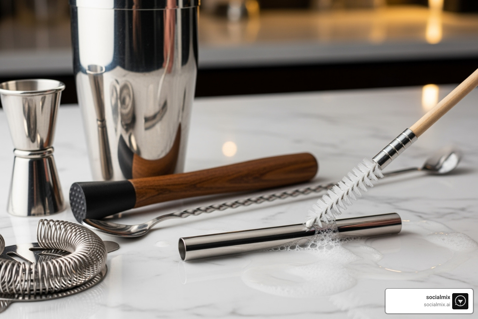 straw cover being washed with a small brush next to a cocktail shaker and bartender tools - straw covers nearby