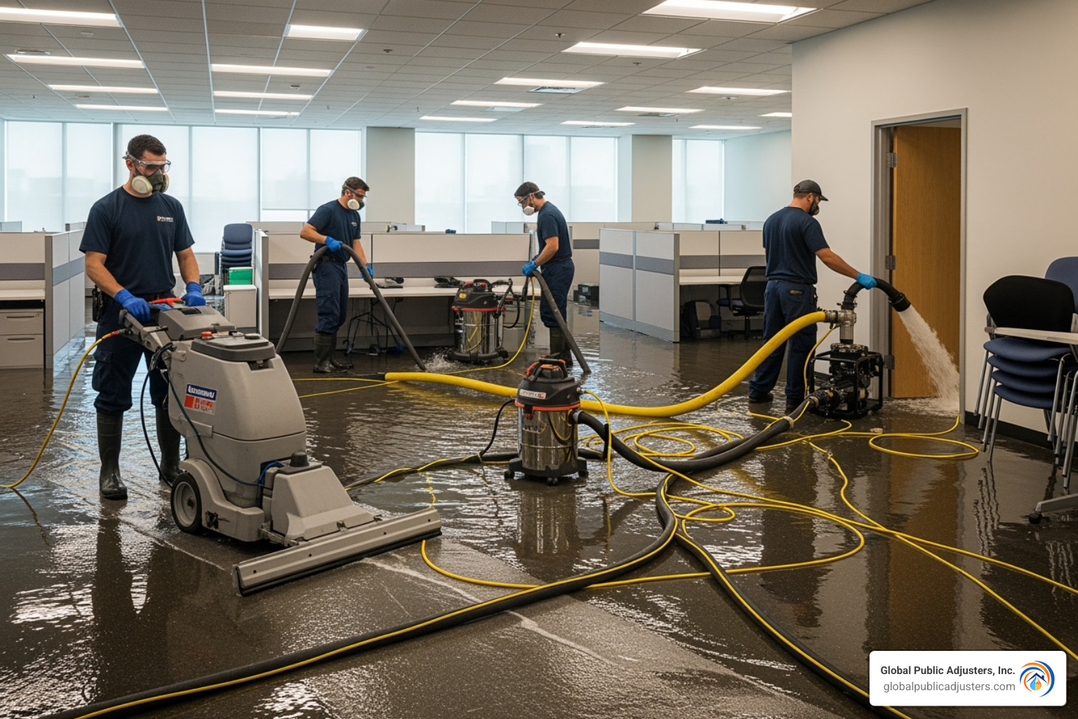 technicians using specialized water extraction equipment - contractor water damage