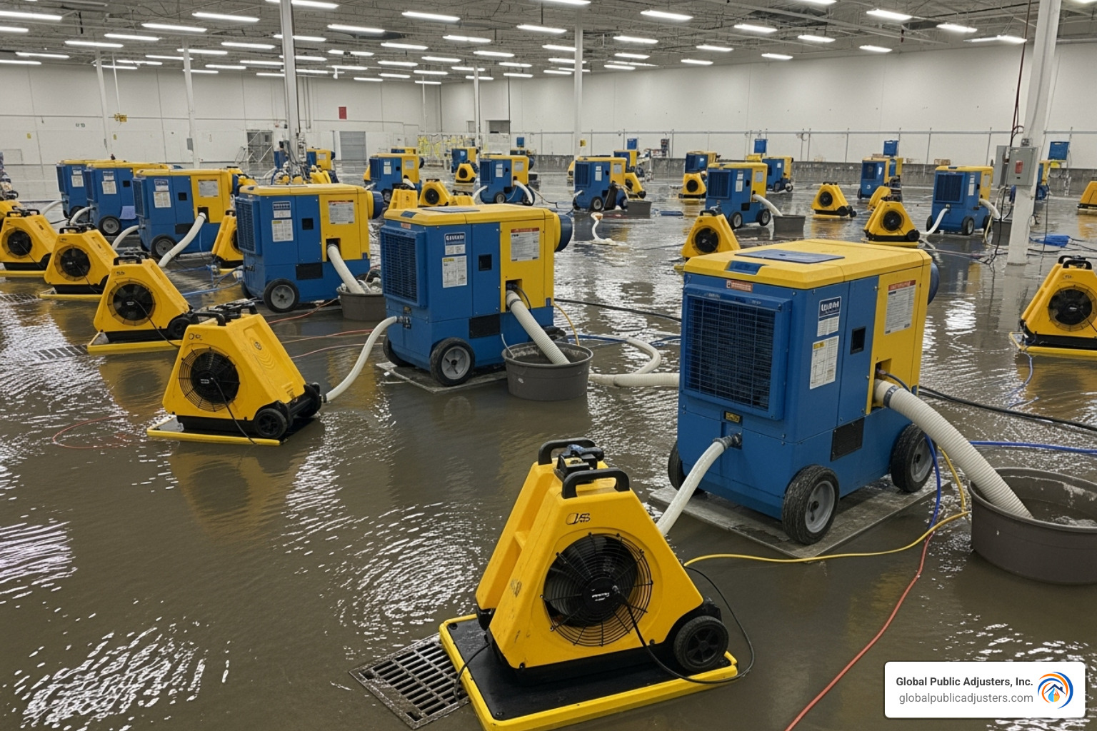 industrial-grade air movers and dehumidifiers in a commercial space - contractor water damage