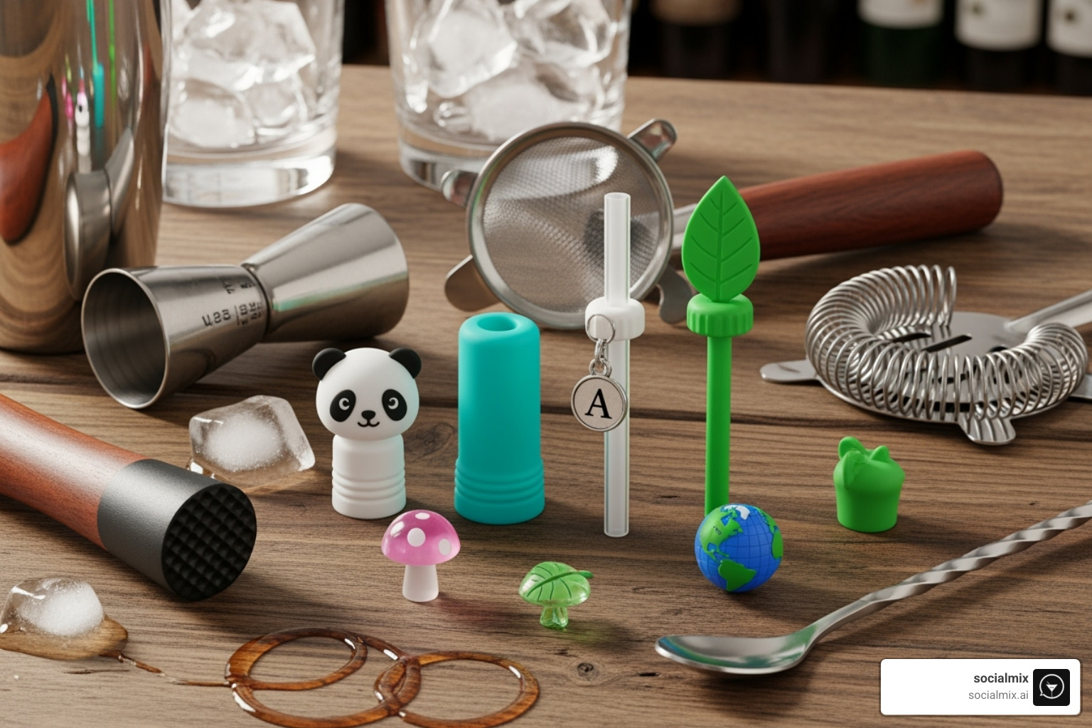 collection of different straw cover types: a cute animal, a simple cap, and one with a personalized charm, all displayed with bartender tools - straw covers nearby