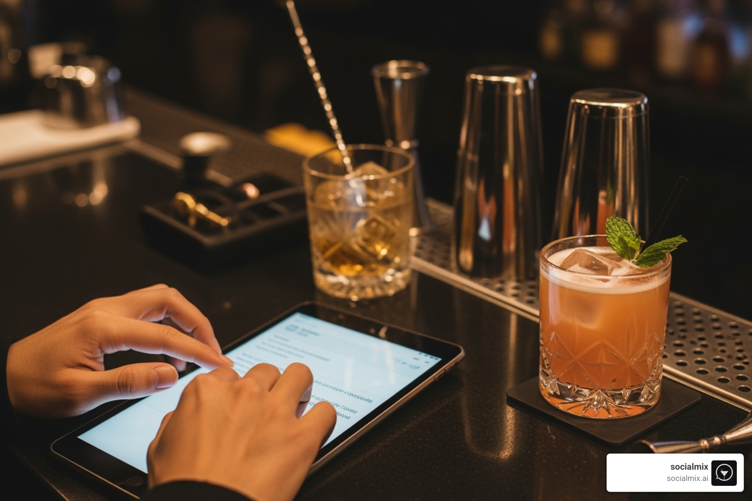 person browsing for straw covers on a tablet with a stylish cocktail and bartender tools nearby - straw covers nearby