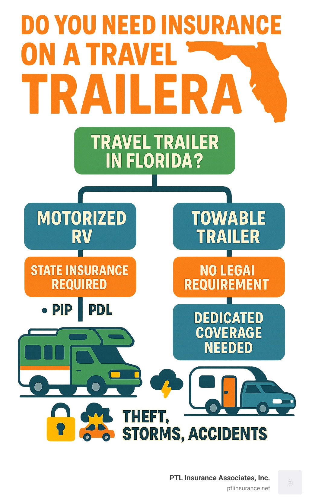 Infographic showing a decision tree for Florida RV insurance. Motorized RVs on the left path require state-mandated PIP and PDL. Towable trailers on the right path have no legal requirement but need dedicated coverage for physical damage.