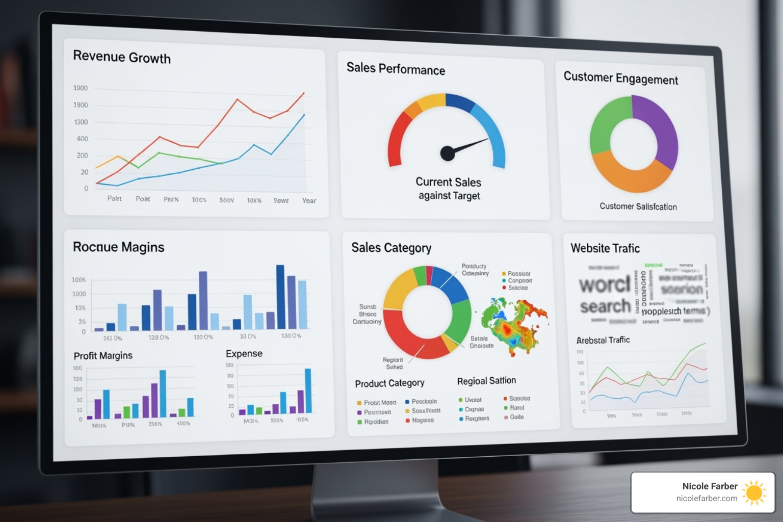 A dashboard showing Key Performance Indicators (KPIs) with various charts and graphs, representing financial metrics, sales performance, and customer engagement. - Business growth strategies