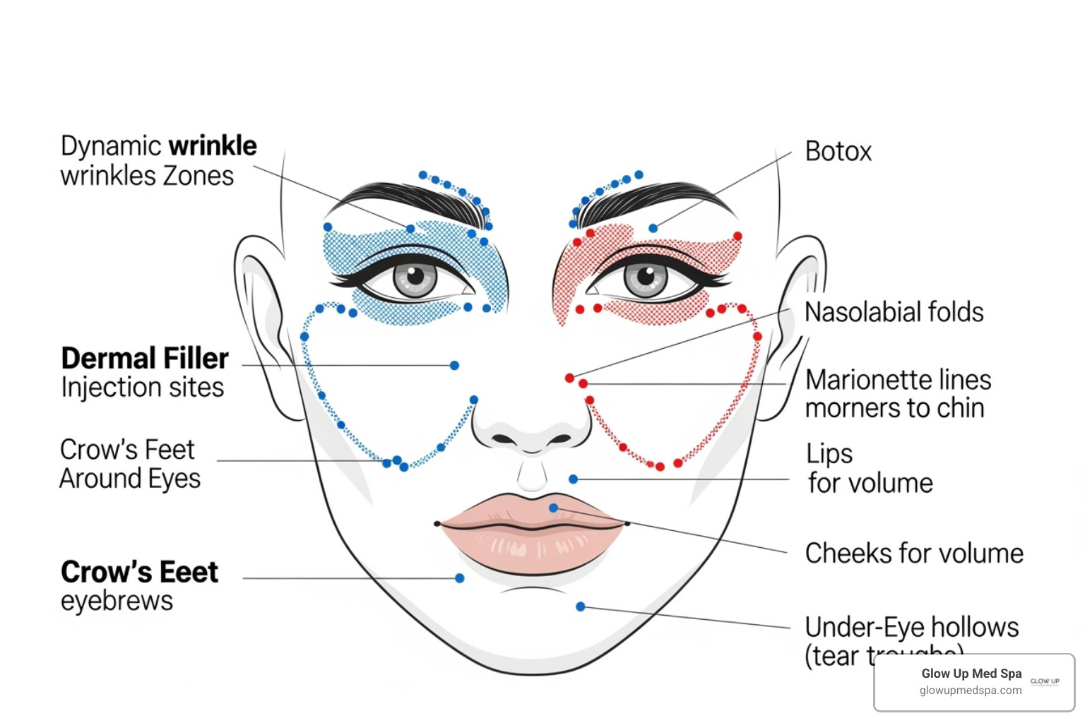 Diagram showing common treatment areas for Botox and fillers on a face - anti aging facial treatments