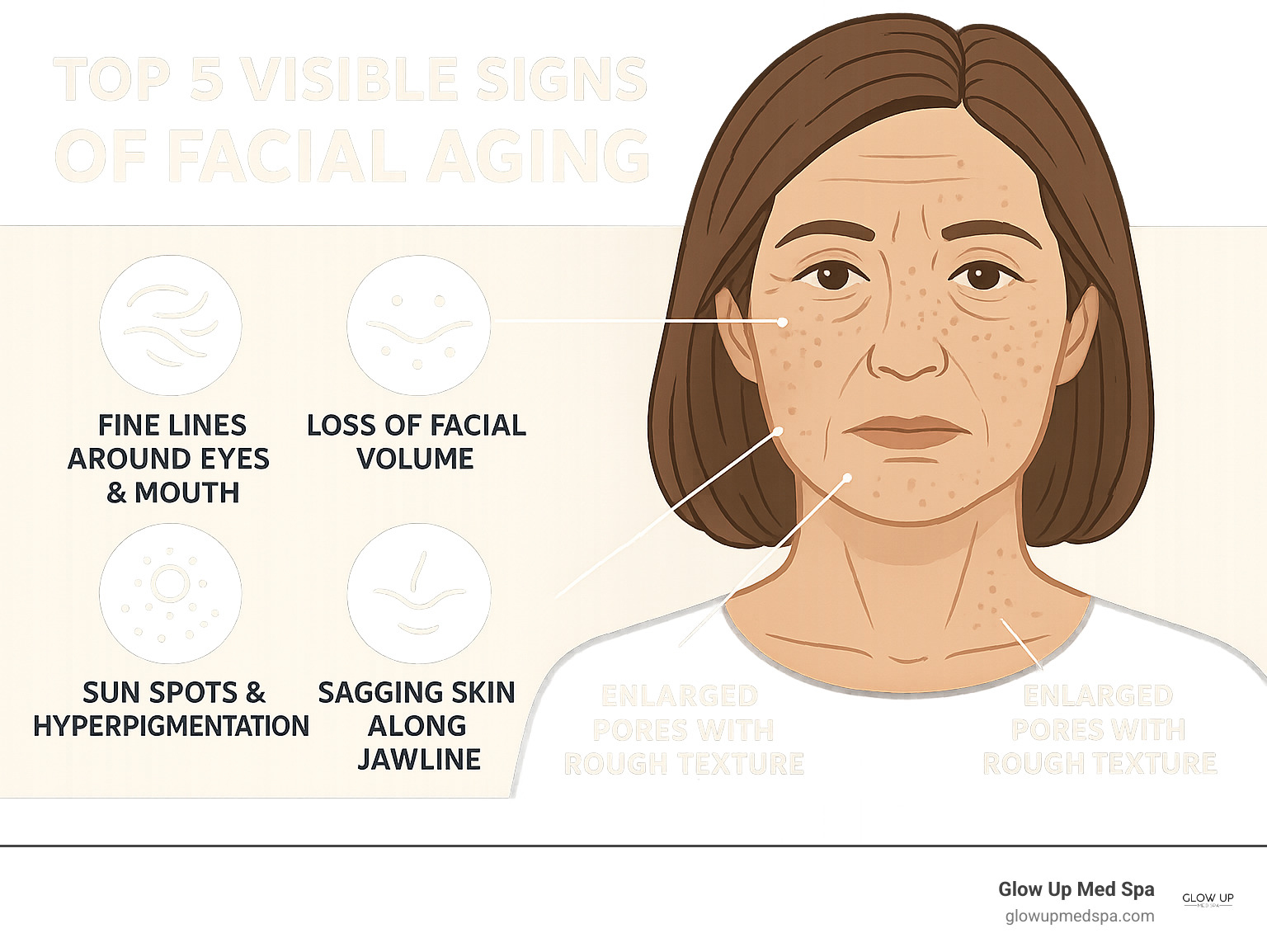 Detailed infographic showing the top 5 visible signs of facial aging including fine lines around eyes and mouth, loss of facial volume in cheeks and temples, sun spots and hyperpigmentation, sagging skin along jawline, and enlarged pores with rough texture - anti aging facial treatments infographic 